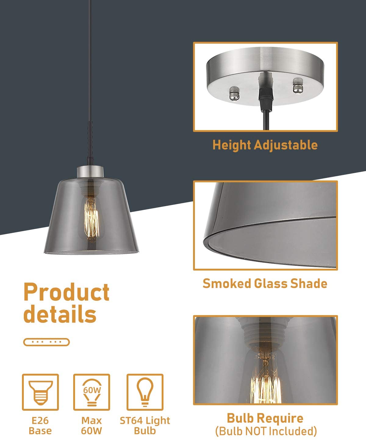 Smoked glass pendant light adjustable hanging light
