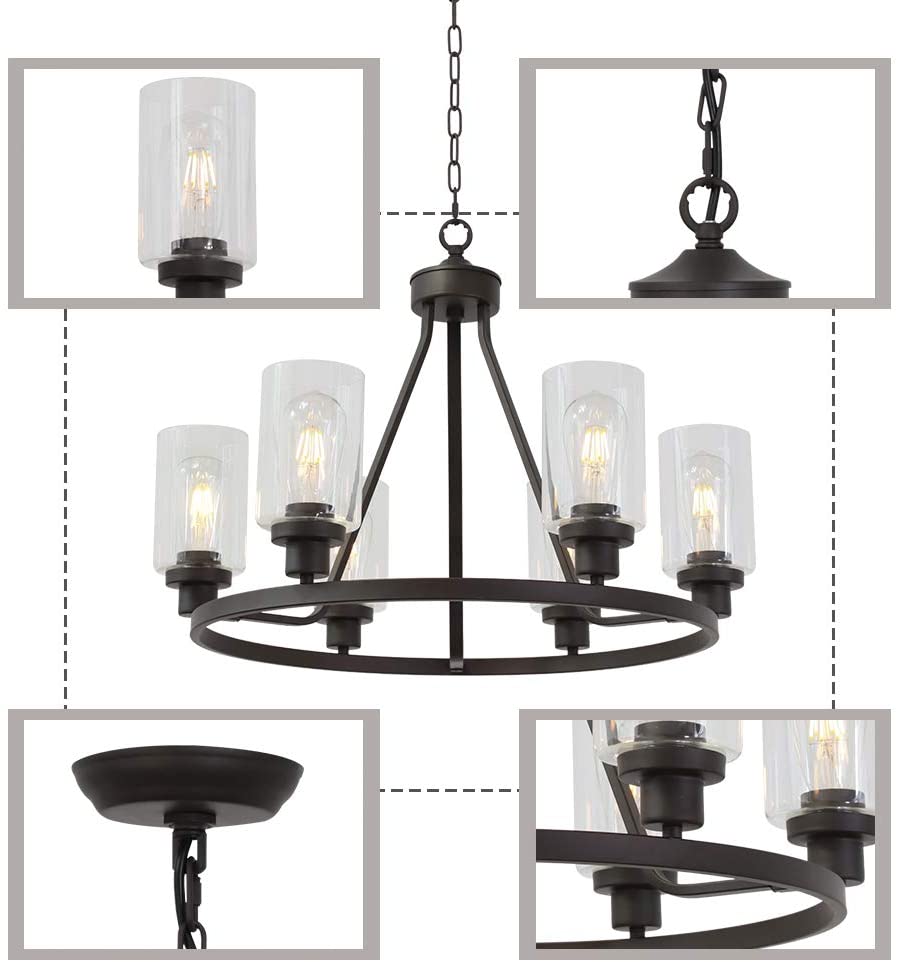 6 light island glass round chandelier with rubbed bronze finish