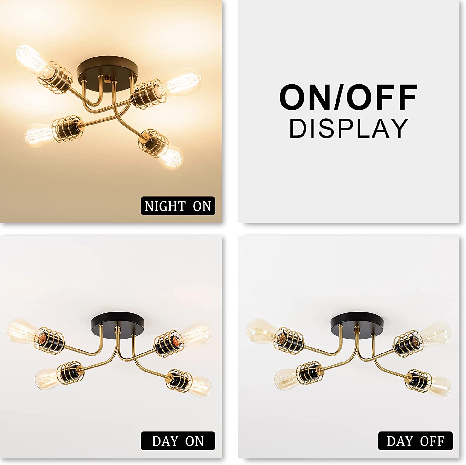 4 light industrial semi flush mount ceiling light adjustable ceiling lamp with gold and black finish