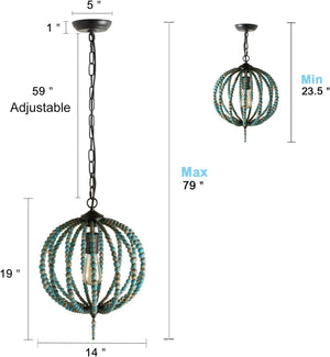 Wood bead globe pendant lamp blue ceiling chandelier