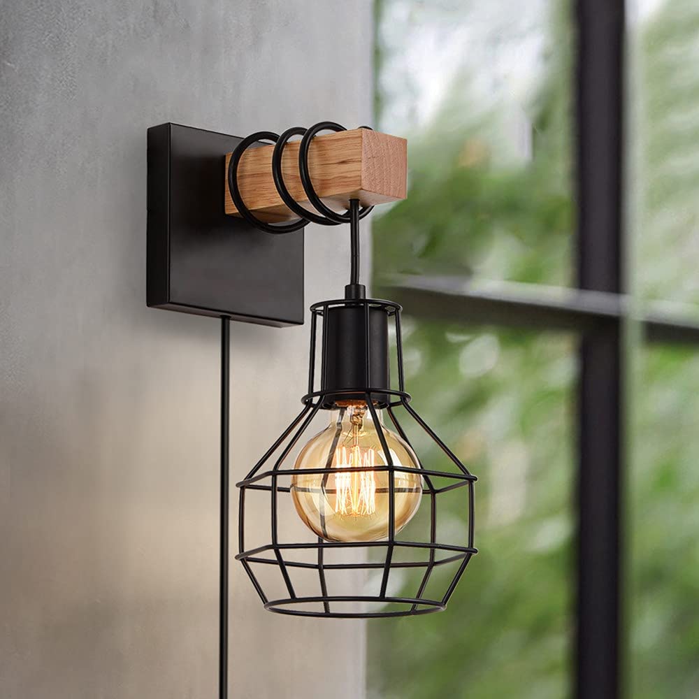 Black wall lamp with plug in cord industrial cage wood wall sconce