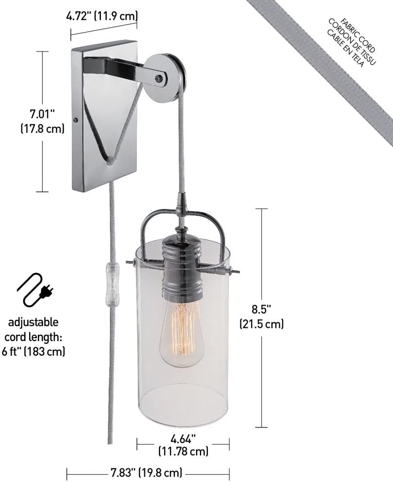 1 light plug in clear glass pulley wall sconce with chrome finish