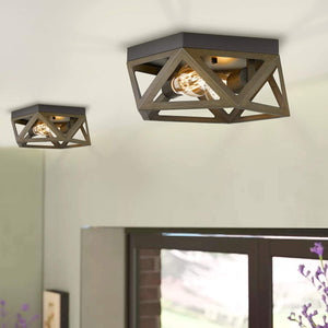 2 light farmhouse ceiling light industrial flush mount lighting with bronze and wood finish