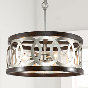 Wood and silver chrome chandelier farmhouse circle hanging pendant lamp