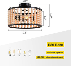 3 light wood beads ceiling light fixture farmhouse boho black ceiling lamp