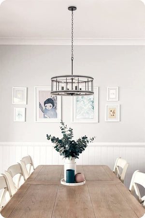 4 light farmhouse chandelier drum pendant light fixture with white wood style and black finish
