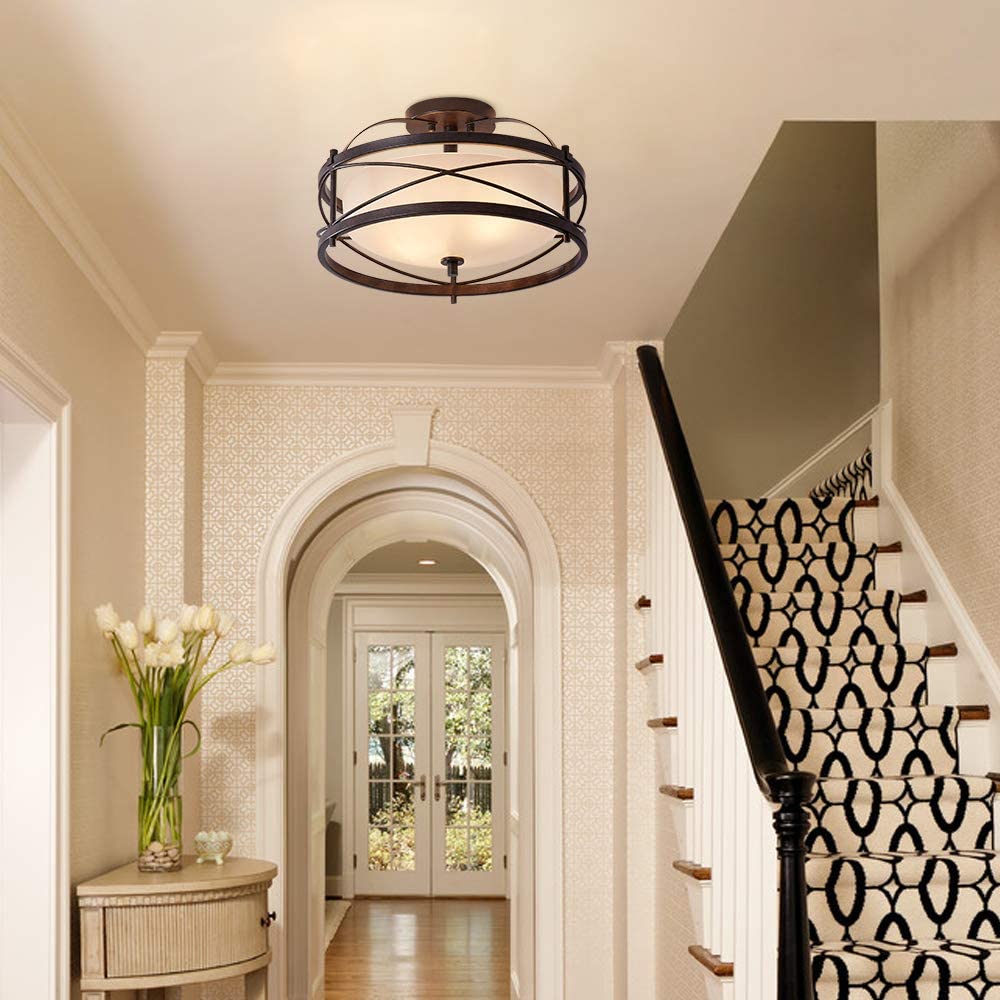 2 light Semi Flush Mount Rustic Ceiling Light industrial drum ceiling light fixture