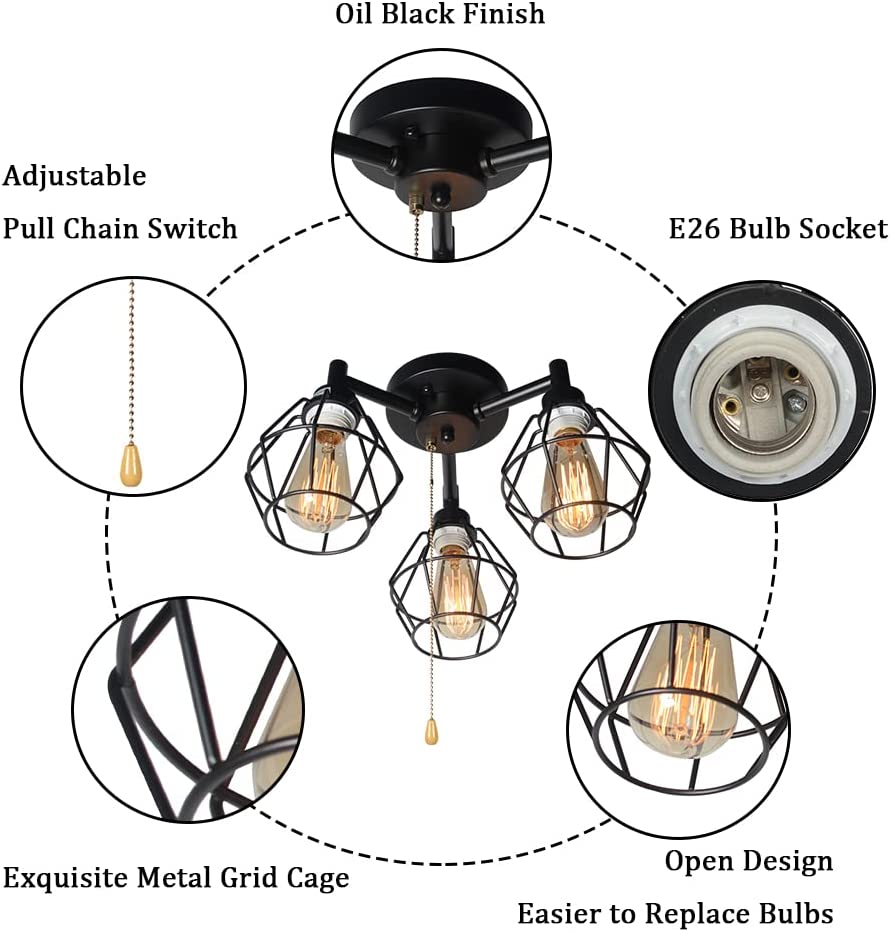 3 light industrial pull chain ceiling light fixture black cage flush mount lighting