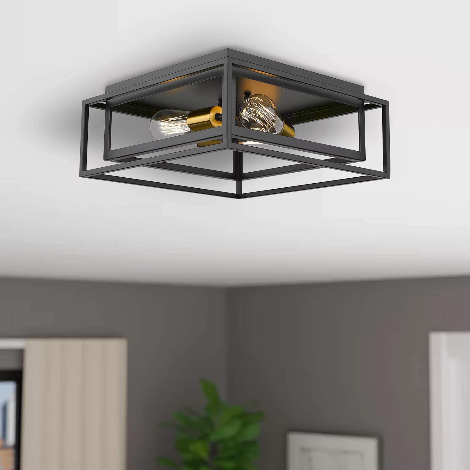 3 light square Flush Mount Ceiling Light Fixture black cage ceiling lamp
