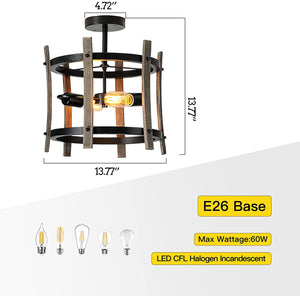 Semi flush wooden farmhouse pendant light fixtures black cage hanging light fixture