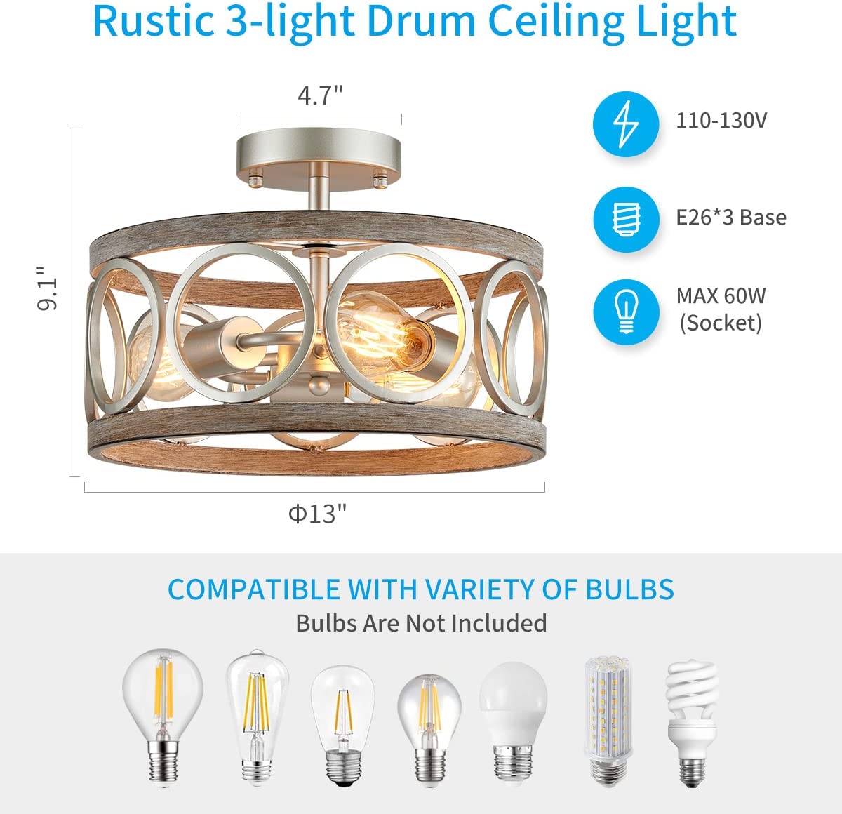 3 light semi flush mount ceiling lighting fixture antique wood grain drum lamp