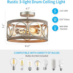 3 light semi flush mount ceiling lighting fixture antique wood grain drum lamp