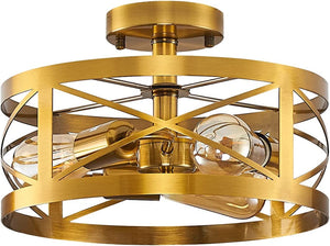 3 light modern semi flush mount ceiling light fixture round cage close to ceiling lamp with brass finish