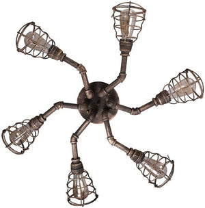 6 light industrial pipe ceiling light with rust finish