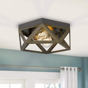2 light farmhouse ceiling light industrial flush mount lighting with bronze and wood finish