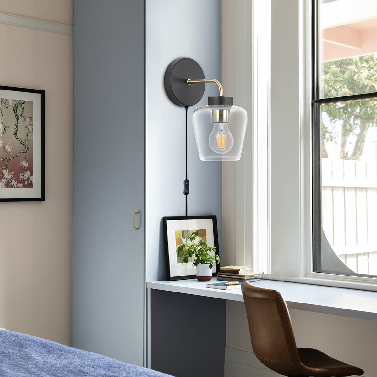 Glass plug in sconce modern black wall lamp light