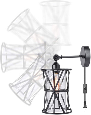 Industrial black cage wall light fixture glass plug in wall sconce