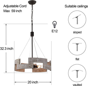 4 light farmhouse chandelier industrial black pendant light with wood style finish