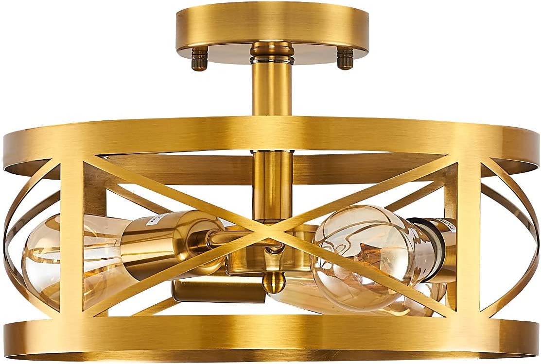 3 light modern semi flush mount ceiling light fixture round cage close to ceiling lamp with brass finish