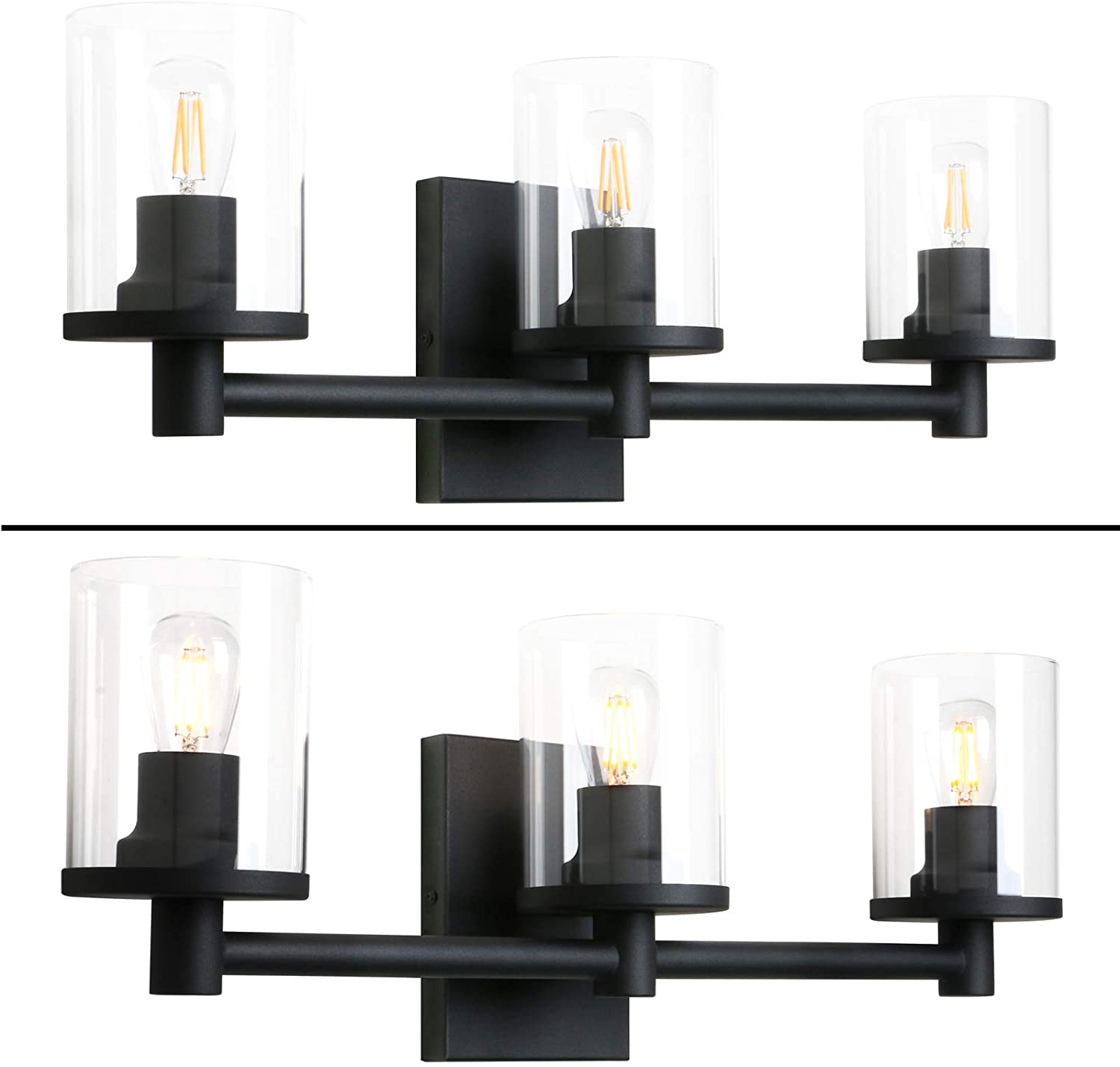 3 light industrial black vanity wall sconce with clear glass shade