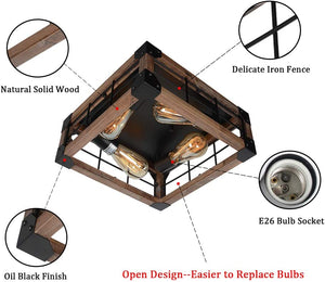 Vintage square wood ceiling lamp farmhouse black flush mount ceiling light fixture
