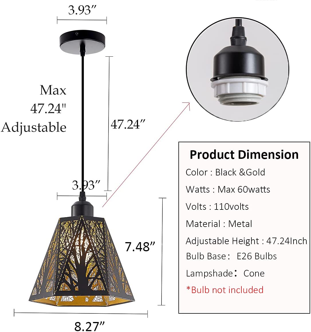 Black Pendant Lights Fixture Adjustable hollow-carved Hanging Light