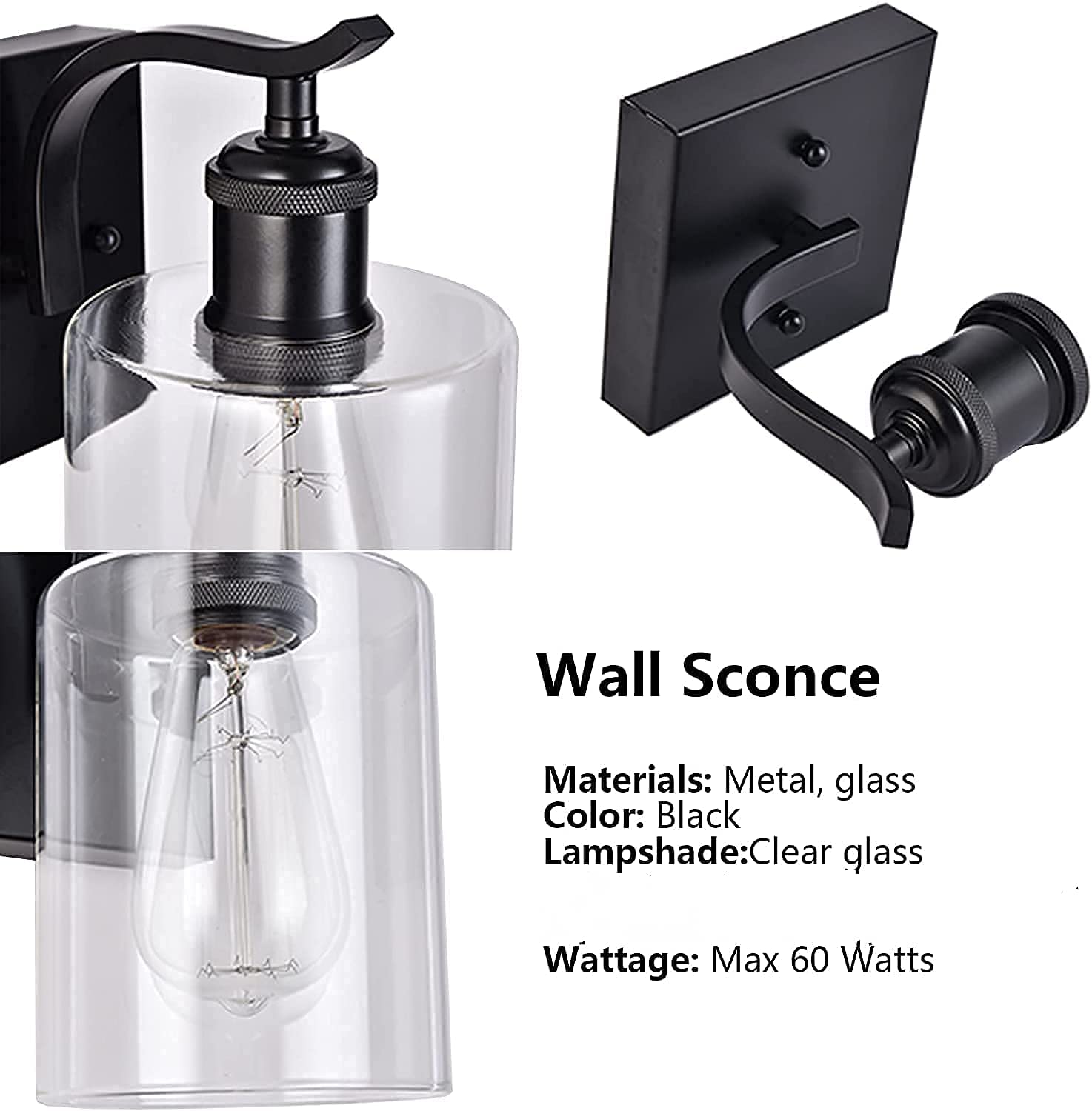 Farmhouse industrial wall light fixture black arm wall sconce with glass shade