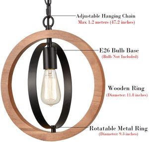 Industrial wood pendant light farmhouse round hanging light fixtures
