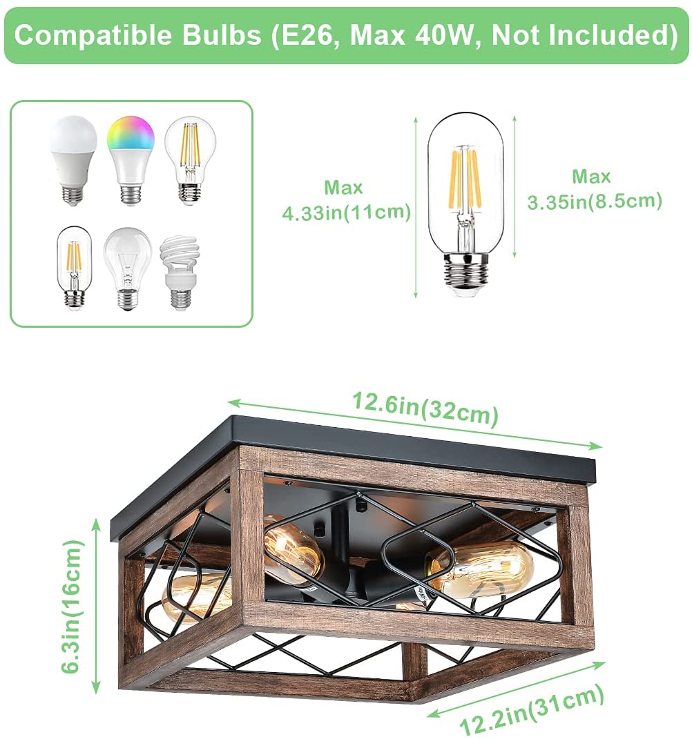 4 light square ceiling light fixture industrial wood cage flush mount ceiling lamp