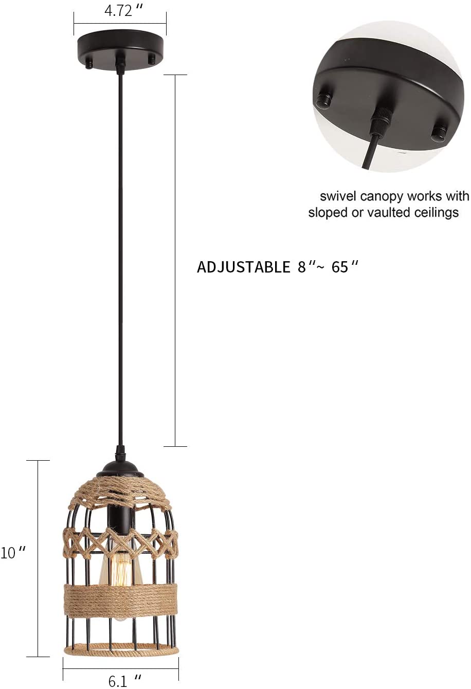 Black mini pendant lighting fixture rustic cage hemp rope pendant light fixture