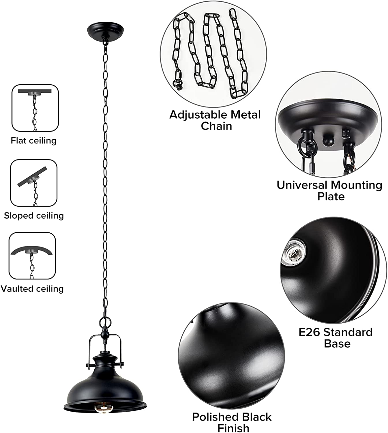 Industrial black pendant light farmhouse dome hanging light fixture
