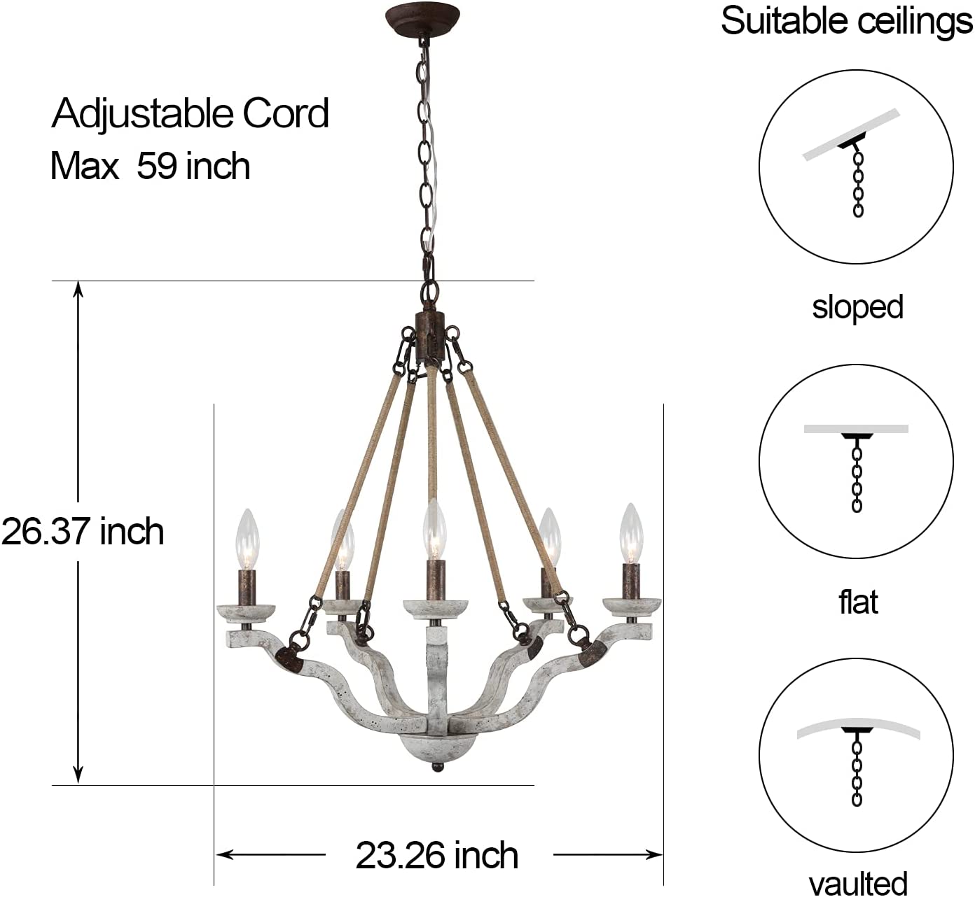 Wood farmhouse chandelier rust hemp rope pendant light 5 light vintage wood hanging lamp
