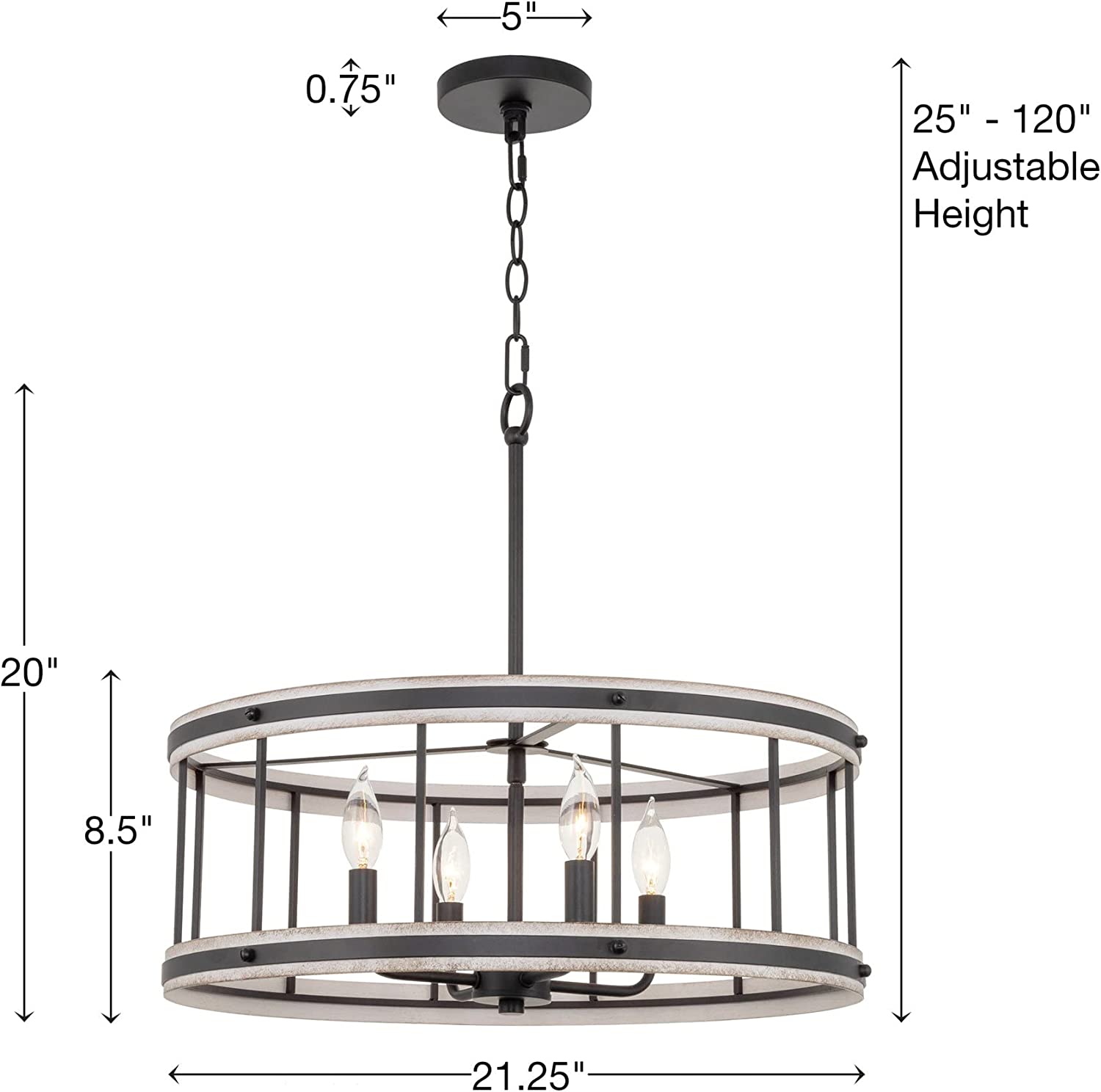 4 light farmhouse chandelier drum pendant light fixture with white wood style and black finish
