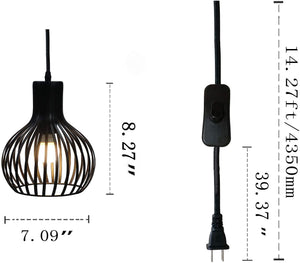 Black wire cage plug in pendant light with On/Off Switch