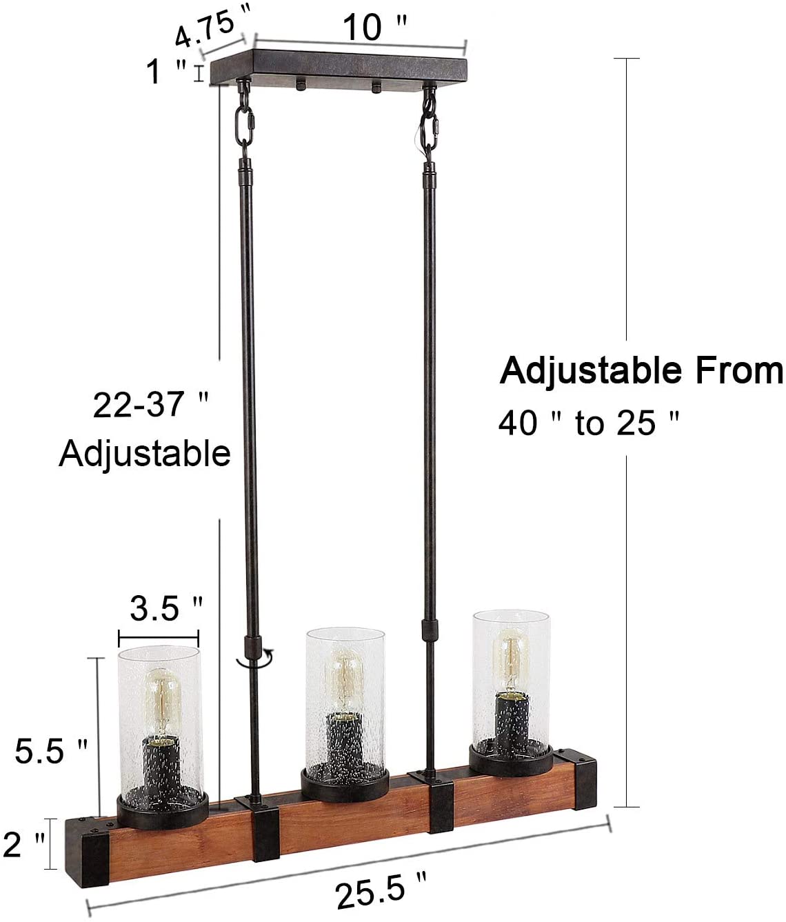 3 light vintage industrial pendant light fixture, black wood glass chandelier