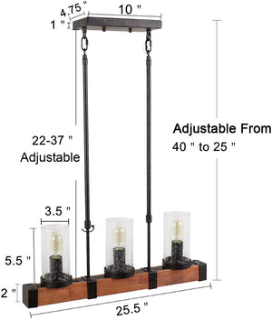 3 light vintage industrial pendant light fixture, black wood glass chandelier