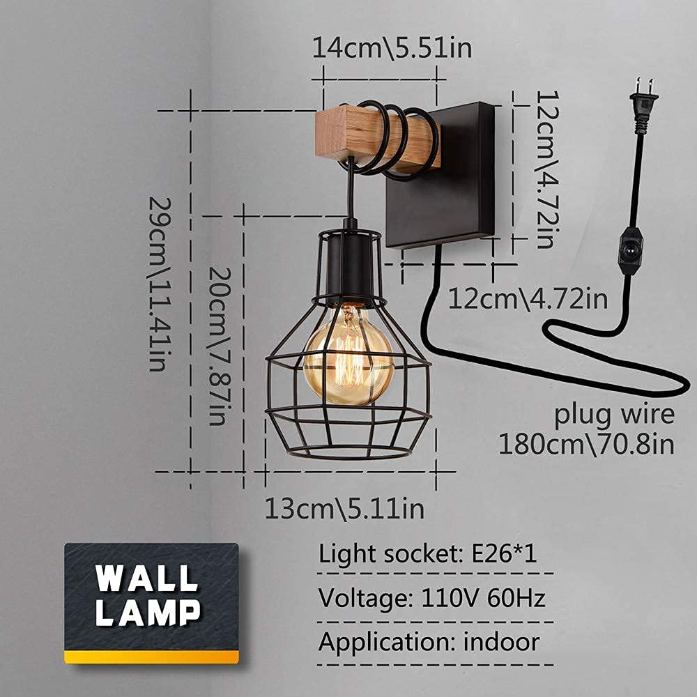 Black wall lamp with plug in cord industrial cage wood wall sconce