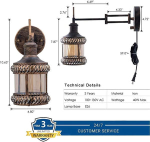 Adjustable swing arm wall sconce rustic industrial wall light fixture with plug in and on off switch