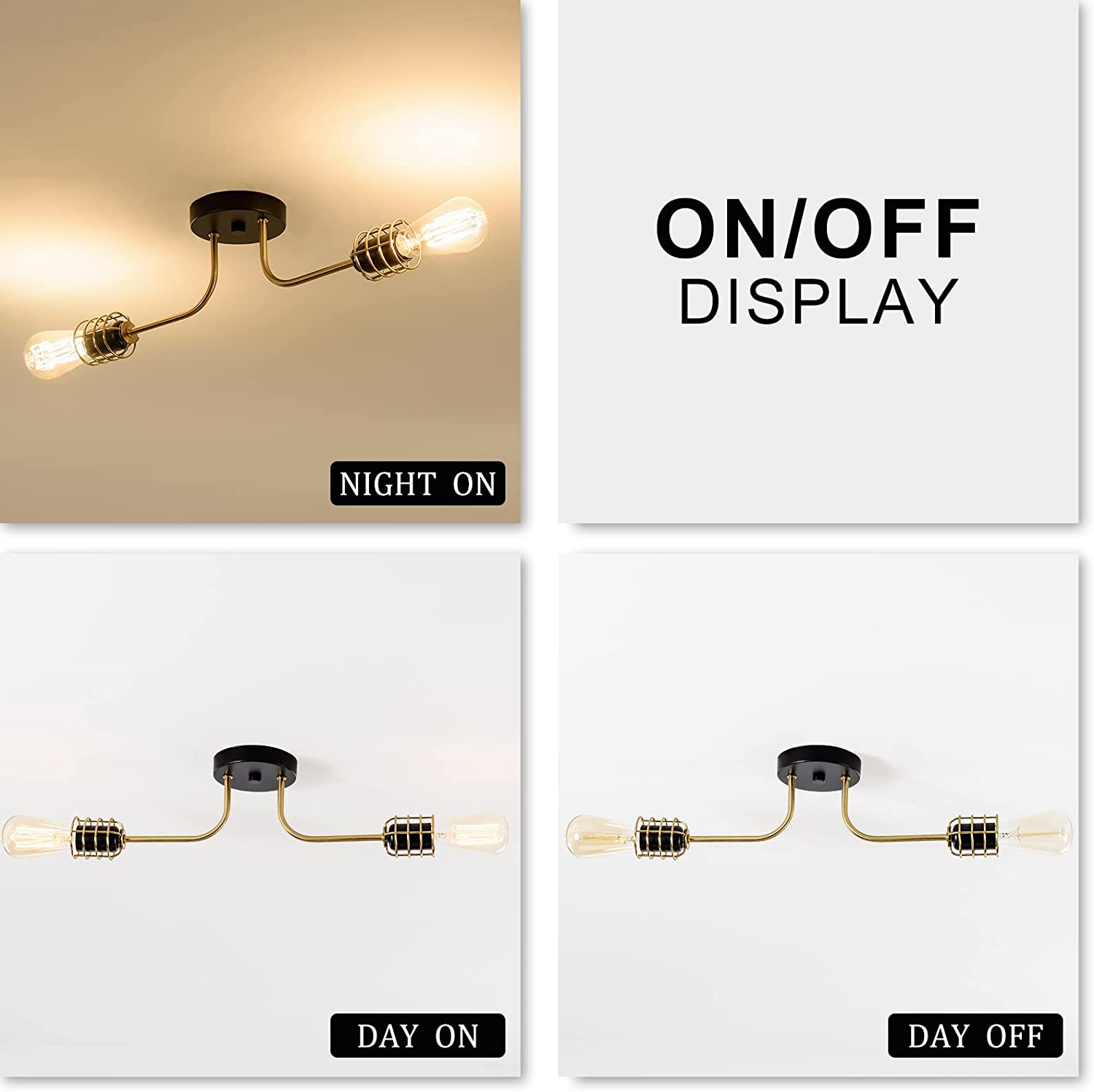 2 light industrial semi flush mount ceiling light adjustable ceiling lamp with gold and black finish