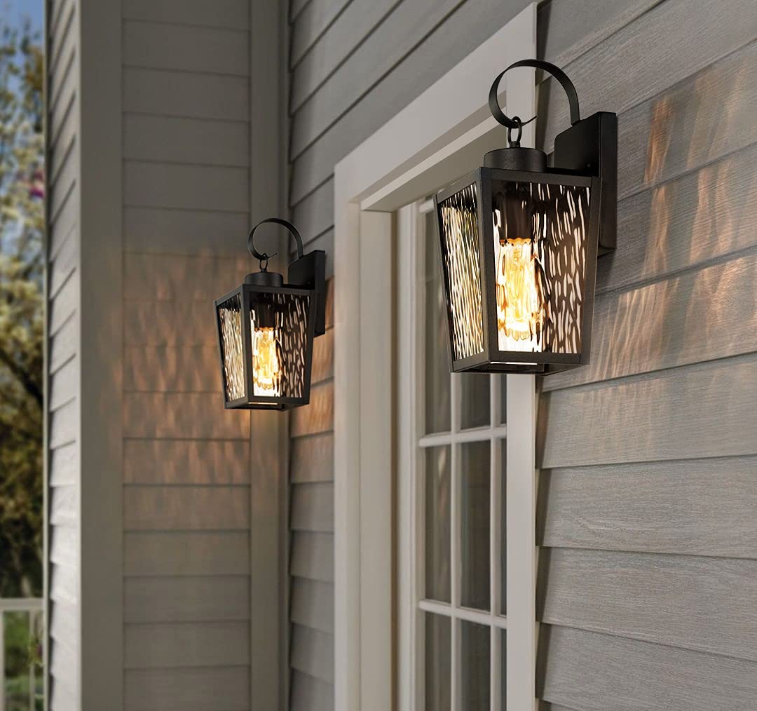 2 pack outdoor wall lantern black exterior wall sconce with water ripple glass shade