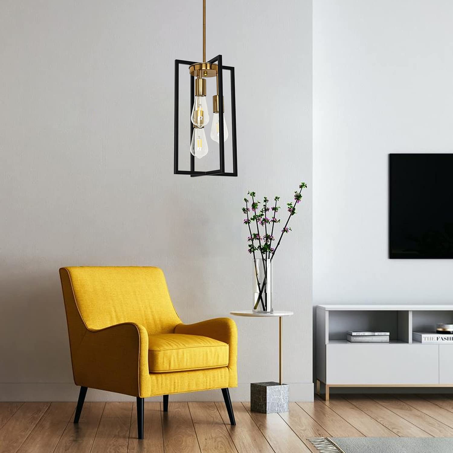 Industrial rectangle pendant light farmhouse island chandelier with black and brass finish