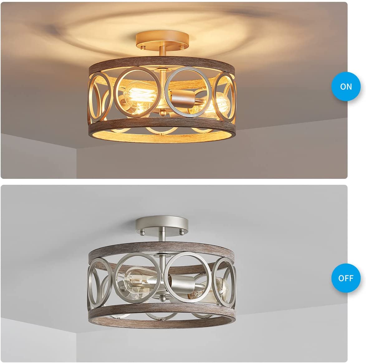 3 light semi flush mount ceiling lighting fixture antique wood grain drum lamp