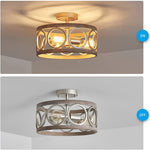 3 light semi flush mount ceiling lighting fixture antique wood grain drum lamp