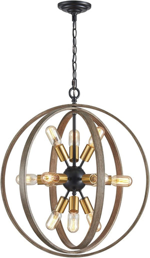 12 light globe chandelier antique farmhouse pendant lighting with oak and brass finish