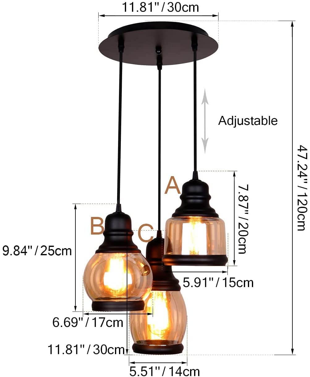 3 lights Mason Jar glass black painted pendant lamp light