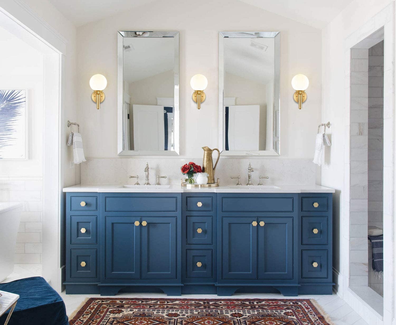 Mid-Century single wall lights bedroom in Brass wall light sconces with Globe  glass