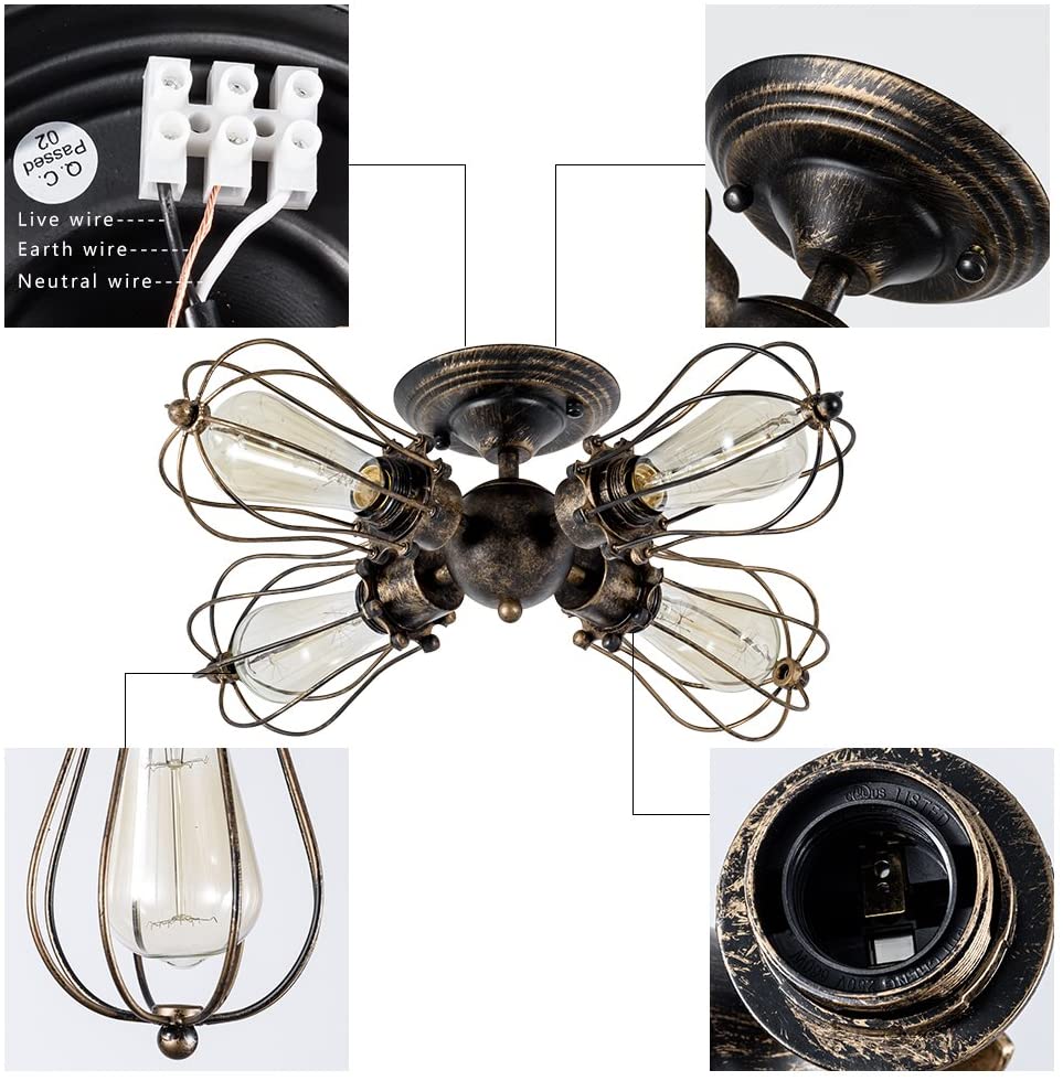4 light oil rubbed seme flush mount, vintage industrial wire cage antique ceiling light