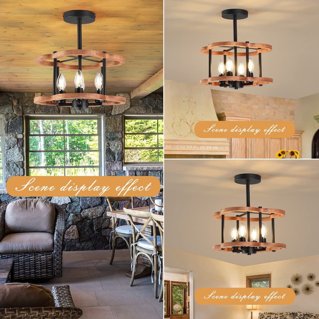 4 light farmhouse semi flush mount lighting fixture wood vintage ceiling light fixture