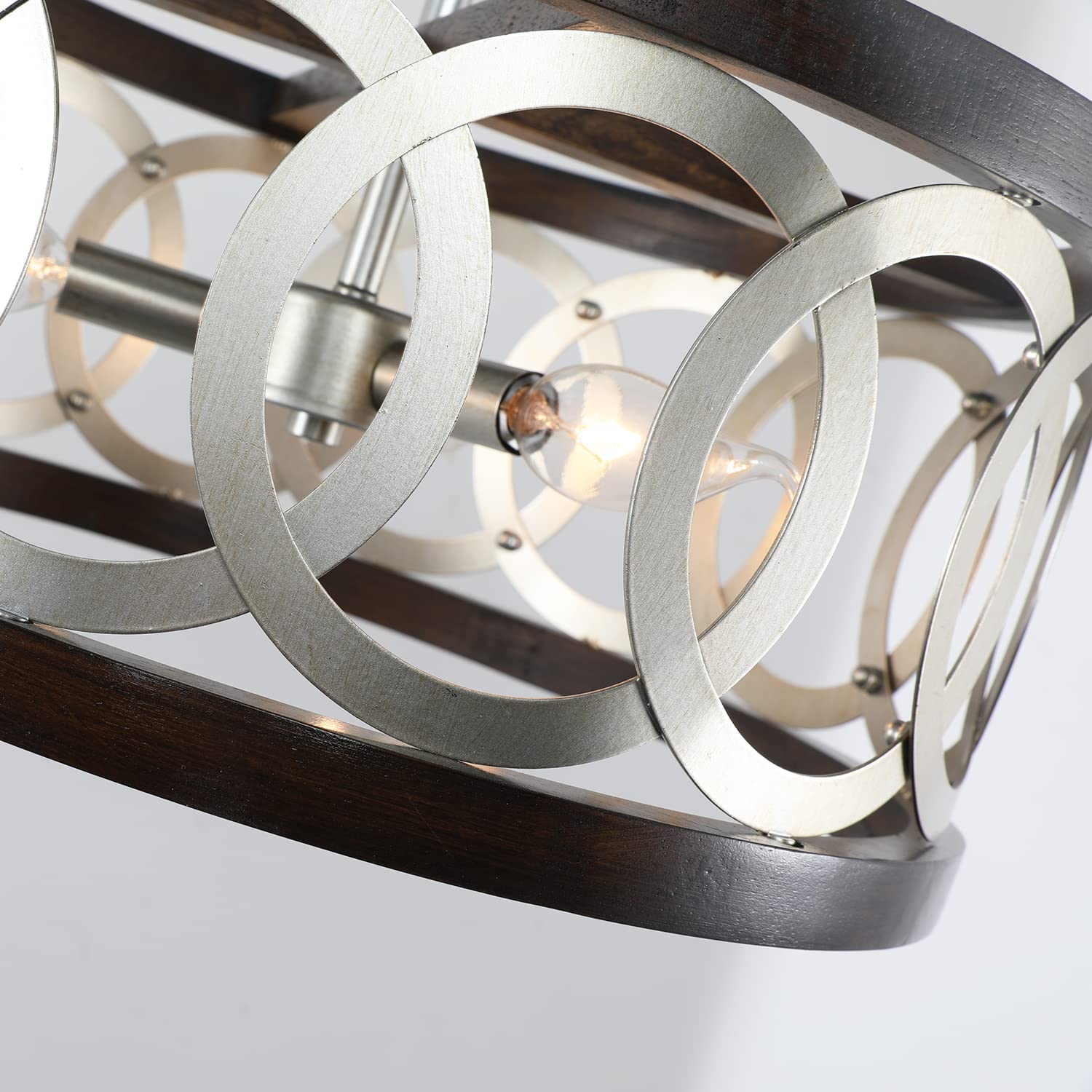 Wood and silver chrome chandelier farmhouse circle hanging pendant lamp
