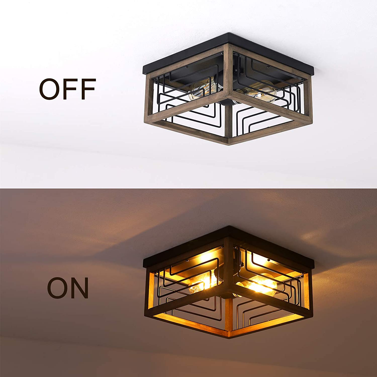 2 light wire cage ceiling light fixture wood square semi flush mount lighting